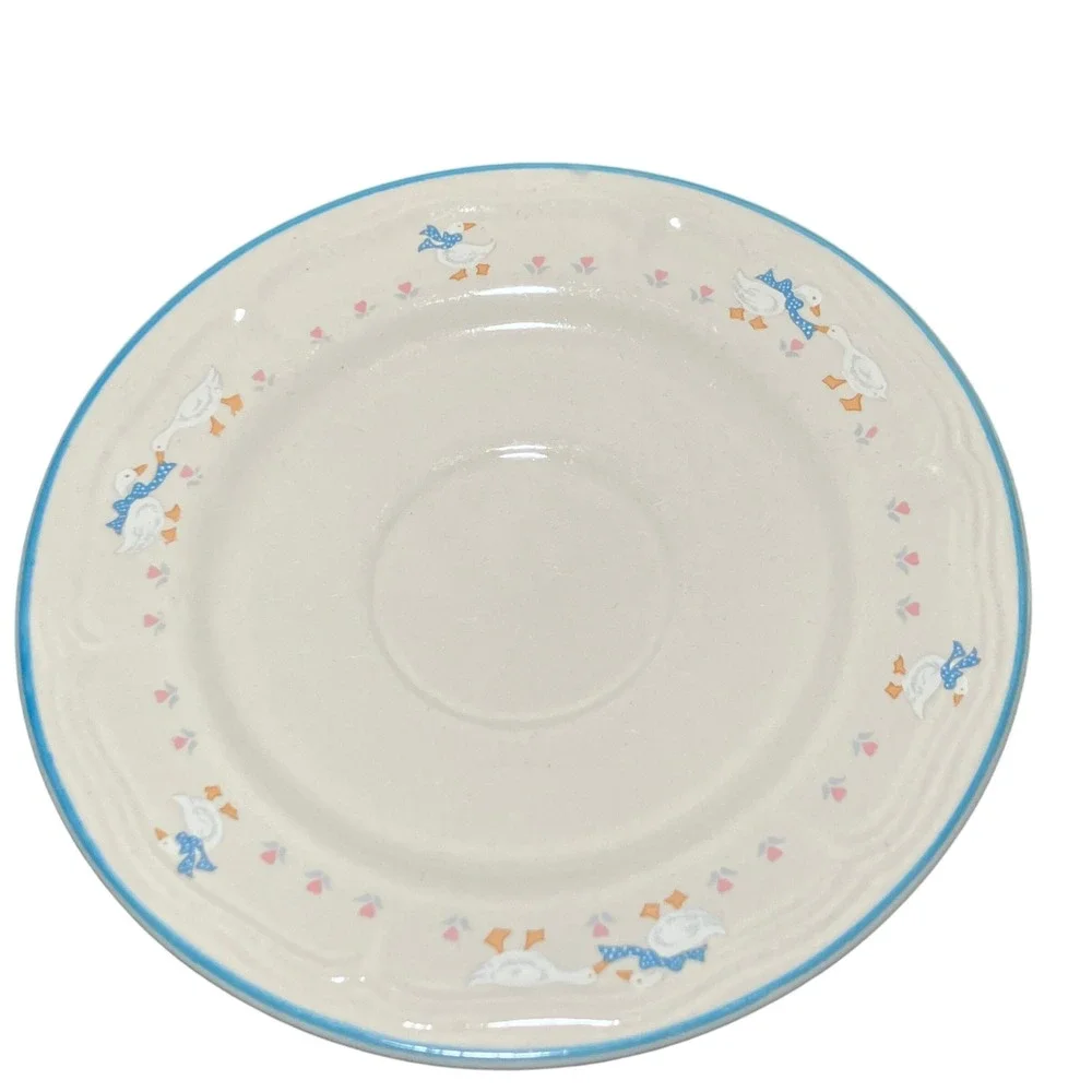 Brick Oven Stoneware Plate Saucer Set White Blue Country Goose Good Condition